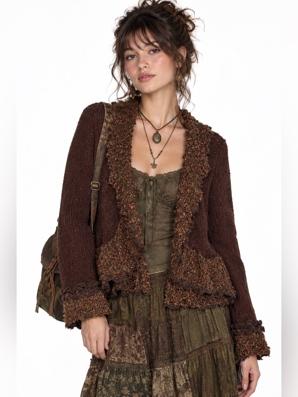 Goblincore Chocolate Brown Ruffle Shawl Collar Cardigan Earthy Hobbit Forestcore